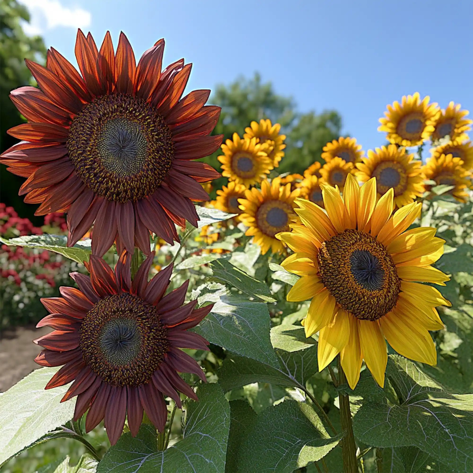 A garden with a variety of sunflowers, showing both yellow and burgundy flowers with large flower heads.